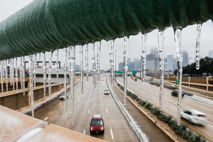 Formed icicles N Hall St bridge over N Central Expy in Dallas on Feb. 2, 2023.