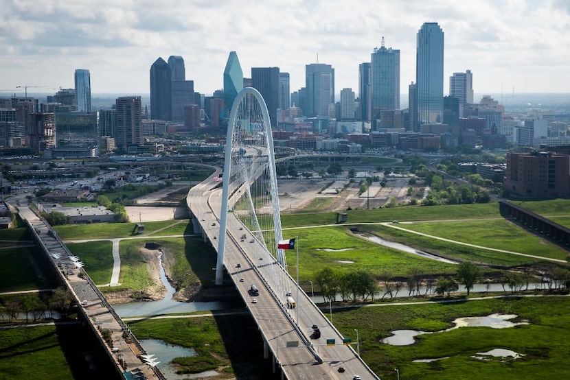 The Margaret Hunt Hill Bridge and downtown Dallas skyline