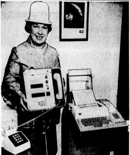 Ebby Halliday photographed with her "computerized property listing" equipment. Published in...
