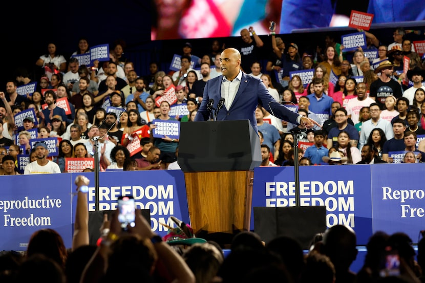 Democratic Rep. Colin Allred speaks at a campaign rally for Democratic presidential nominee...