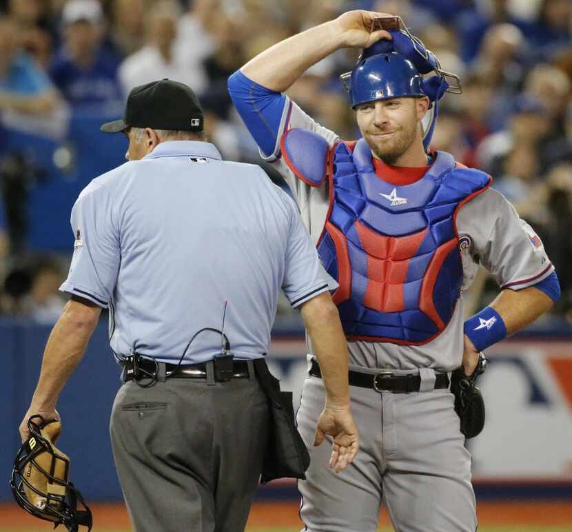 Texas Rangers catcher Chris Gimenez (38) is pictured during Game 5 of the ALDS between the...