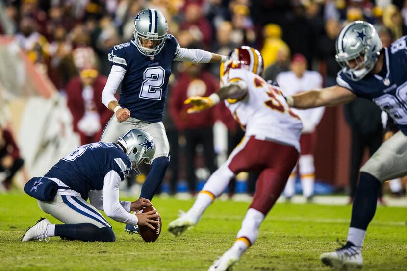 Dallas Cowboys kicker Brett Maher (2) attempts a field goal at the end of an NFL game...