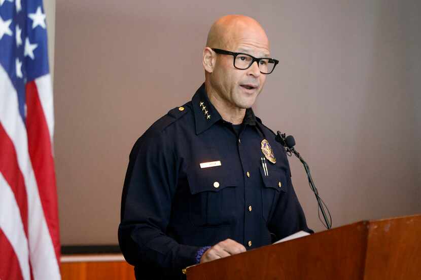 Dallas police Chief Eddie García speaks during a press conference at Jack Evans Police...