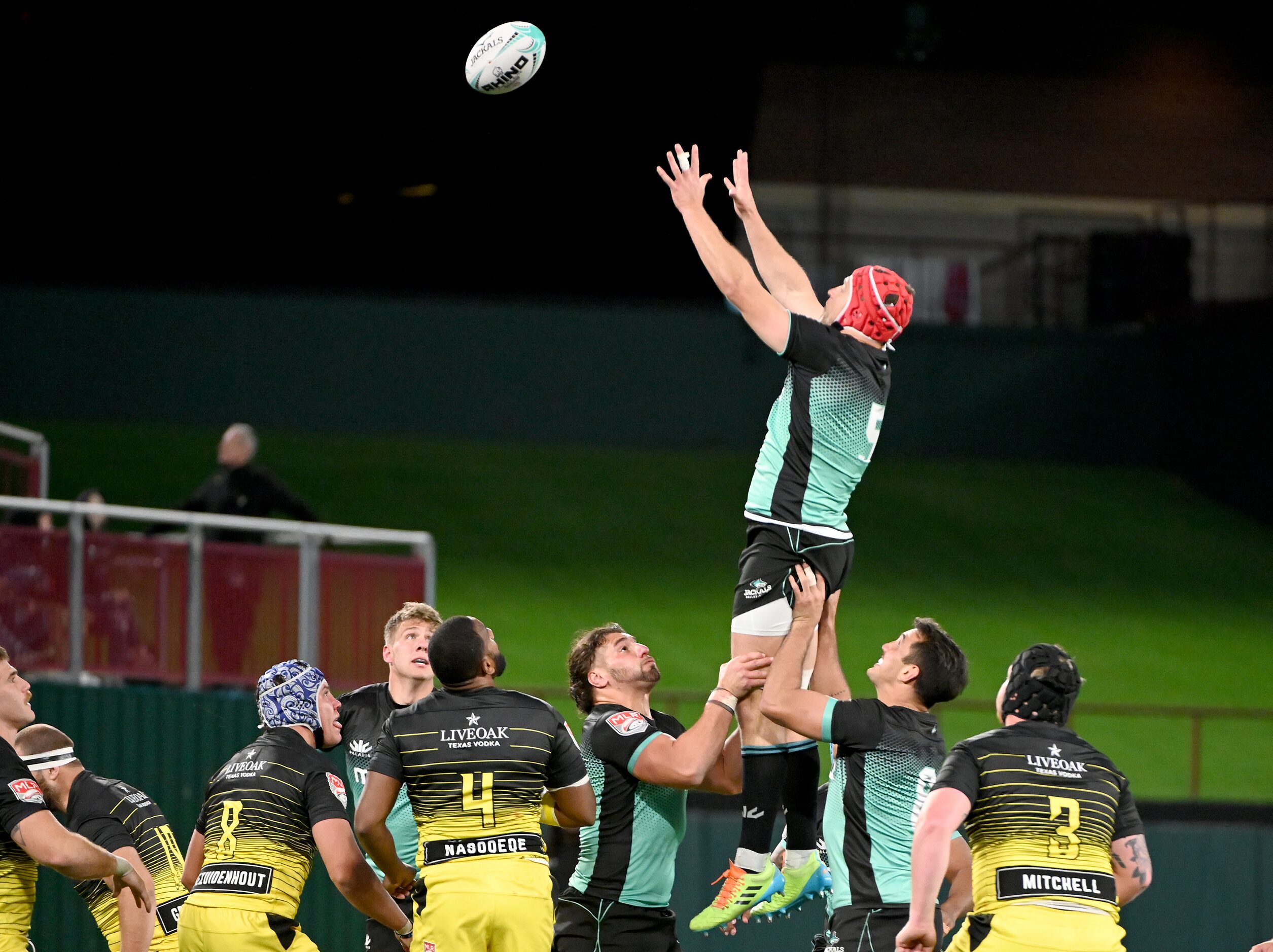 Bronson Teles (5) goes up for a lineout during a Major League Rugby match between the...