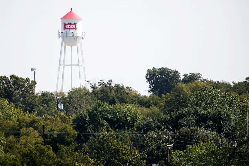 Frisco water tower off Main Street in Frisco, Texas on Wednesday, Oct. 9, 2019.
