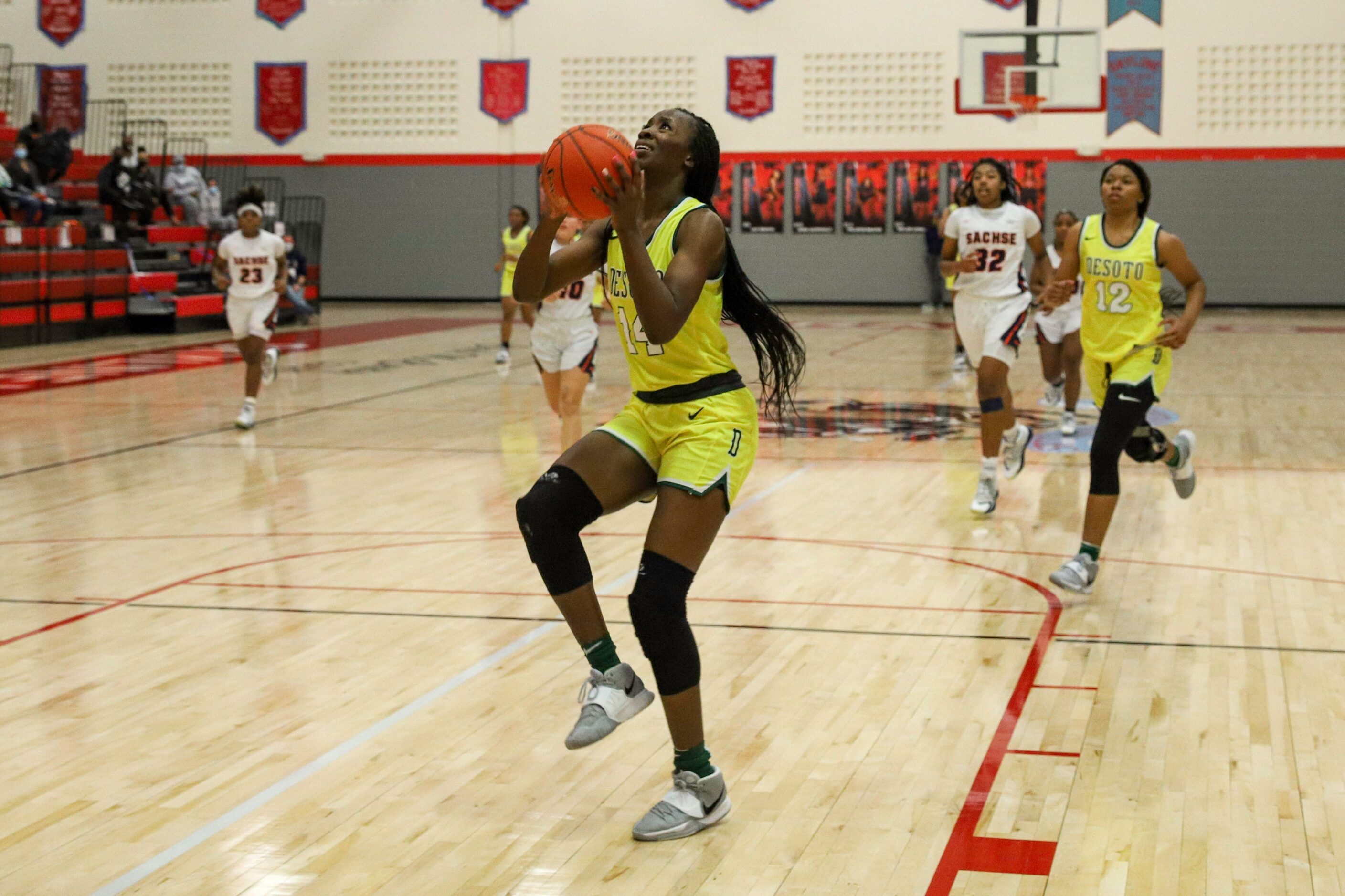 DeSoto’s Amina Muhammad (14) shoots the ball during the fourth quarter against Sachse at...