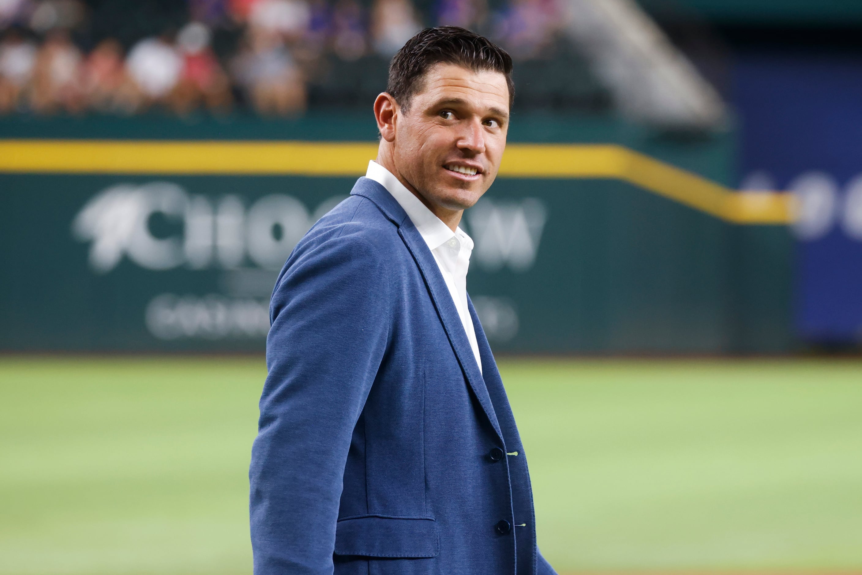 Former Texas Ranger Ian Kinsler arrives at the induction ceremony at Globe Life Field in...