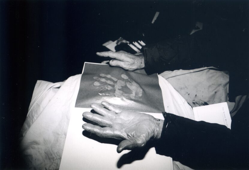 Peter Beard's hand and handprint, seen during the exhibit of his works at the Boyd Gallery...