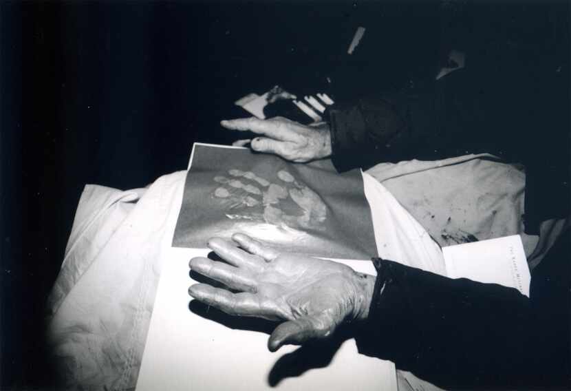 Peter Beard's hand and handprint, seen during the exhibit of his works at the Boyd Gallery...