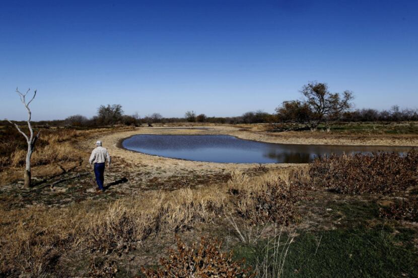 Darrell Francis walks on what was the bottom of a pond on his ranch near Perrin northwest of...