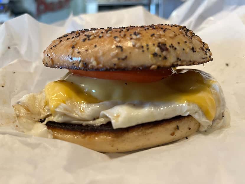 Everything bagel with sausage, egg and cheddar  at Goodfriend Package