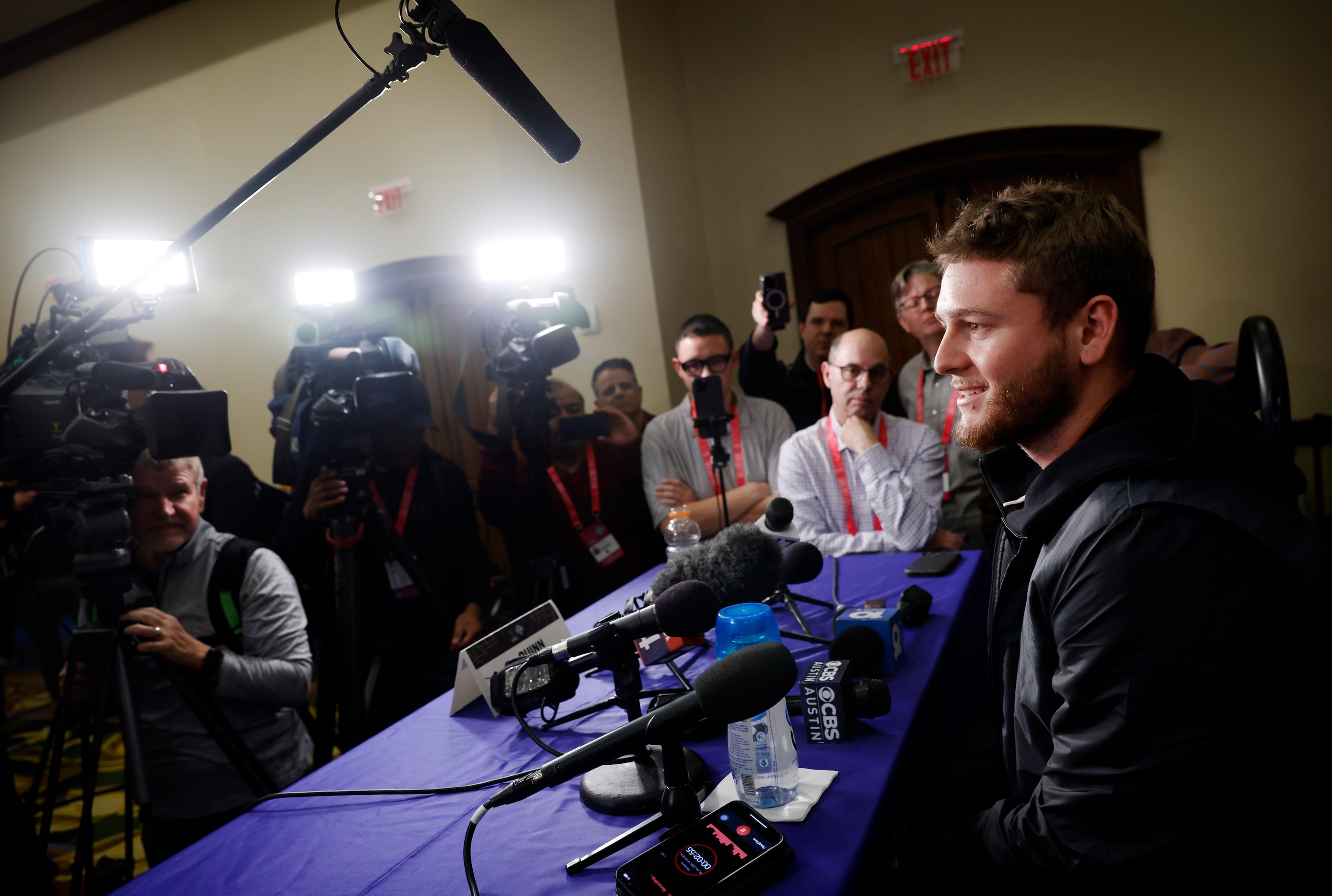 Texas Longhorns quarterback Quinn Ewers answers questions from the media during Cotton Bowl...