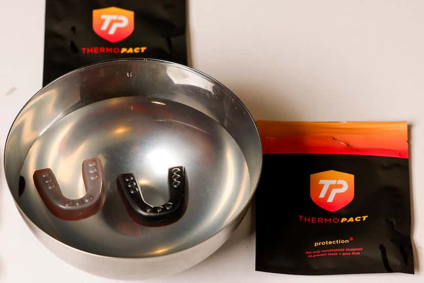 Thermo Pact oral mouth guards on Tuesday, Oct. 17, 2023, at the Dallas Morning News studio...