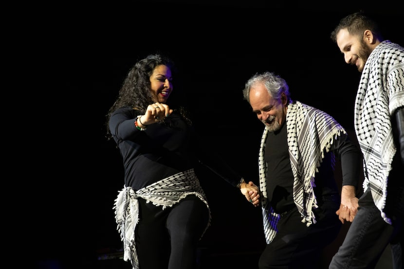 From left, Laila Kharrat, David Mann and Talal Mahdy perform a meditative dance as part of...