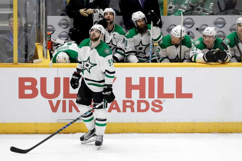 Dallas Stars center Tyler Seguin (91) watches the replay after Nashville Predators left wing...