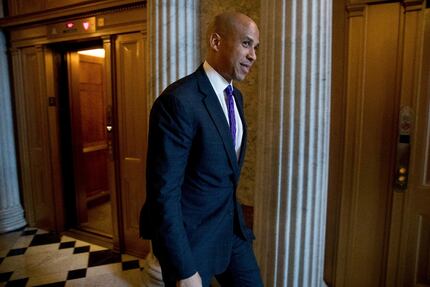 Sen. Cory Booker, D-N.J. arrives for a closed-door Democratic policy luncheon on Capitol...