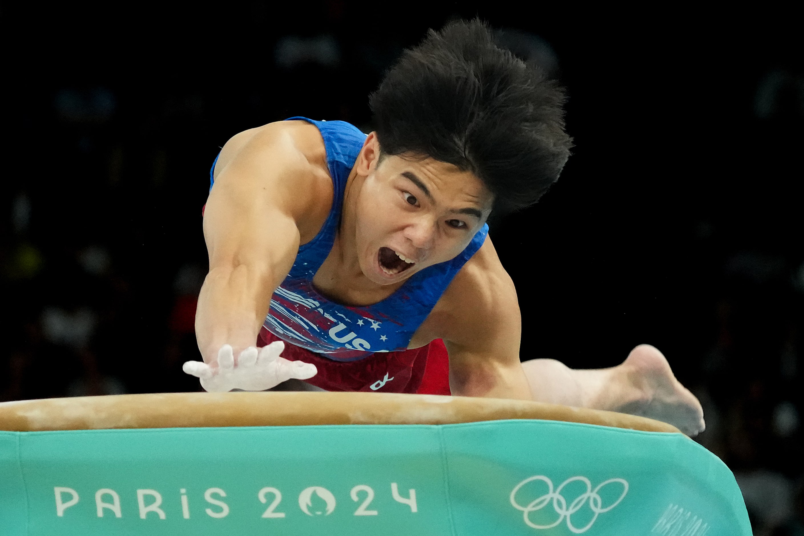 Asher Hong of the United States competes on the vault during men’s gymnastics qualifying at...