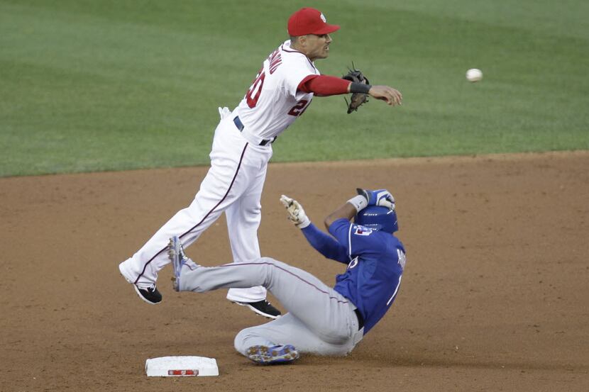 Texas Rangers' Elvis Andrus, right, is forced out at second base as Washington Nationals...