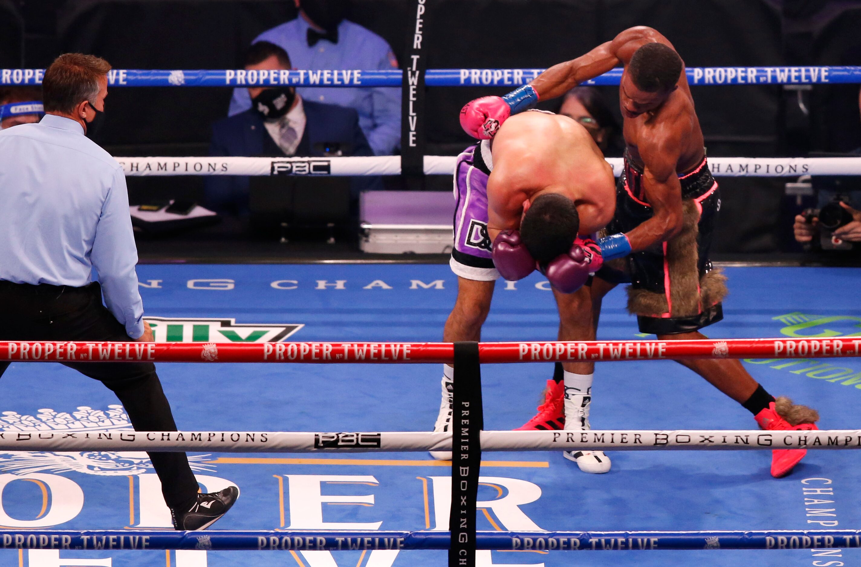 Errol Spence, Jr. punches Danny García during the third round of a WBC & IBF World...