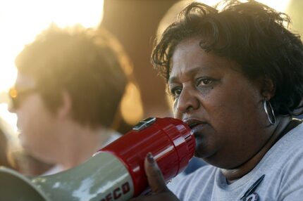 FILE - Collette Flanagan, founder of Mothers Against Police Brutality, speaks during a vigil...