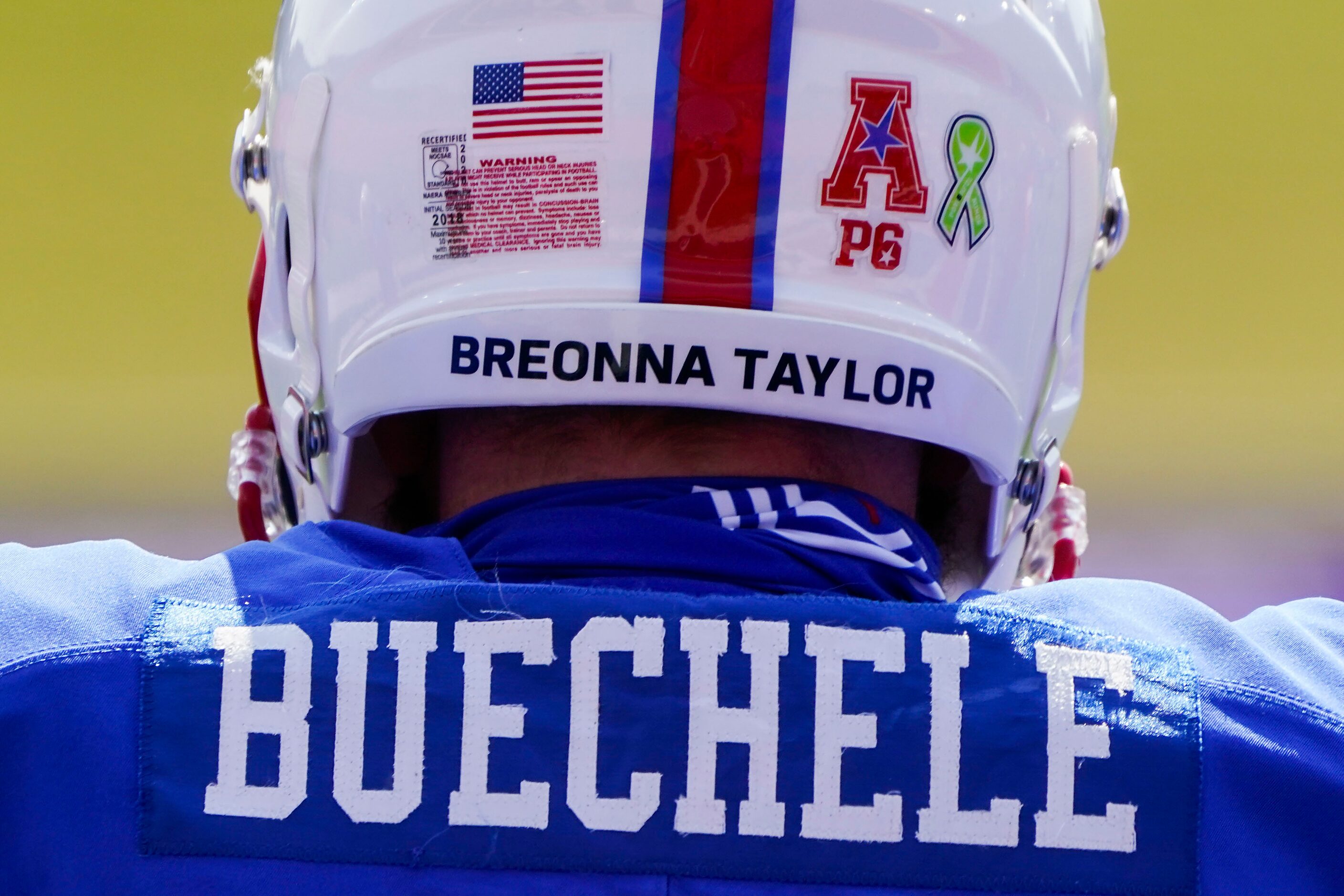 SMU quarterback Shane Buechele wears the name of Breonna Taylor on his helmet before an NCAA...