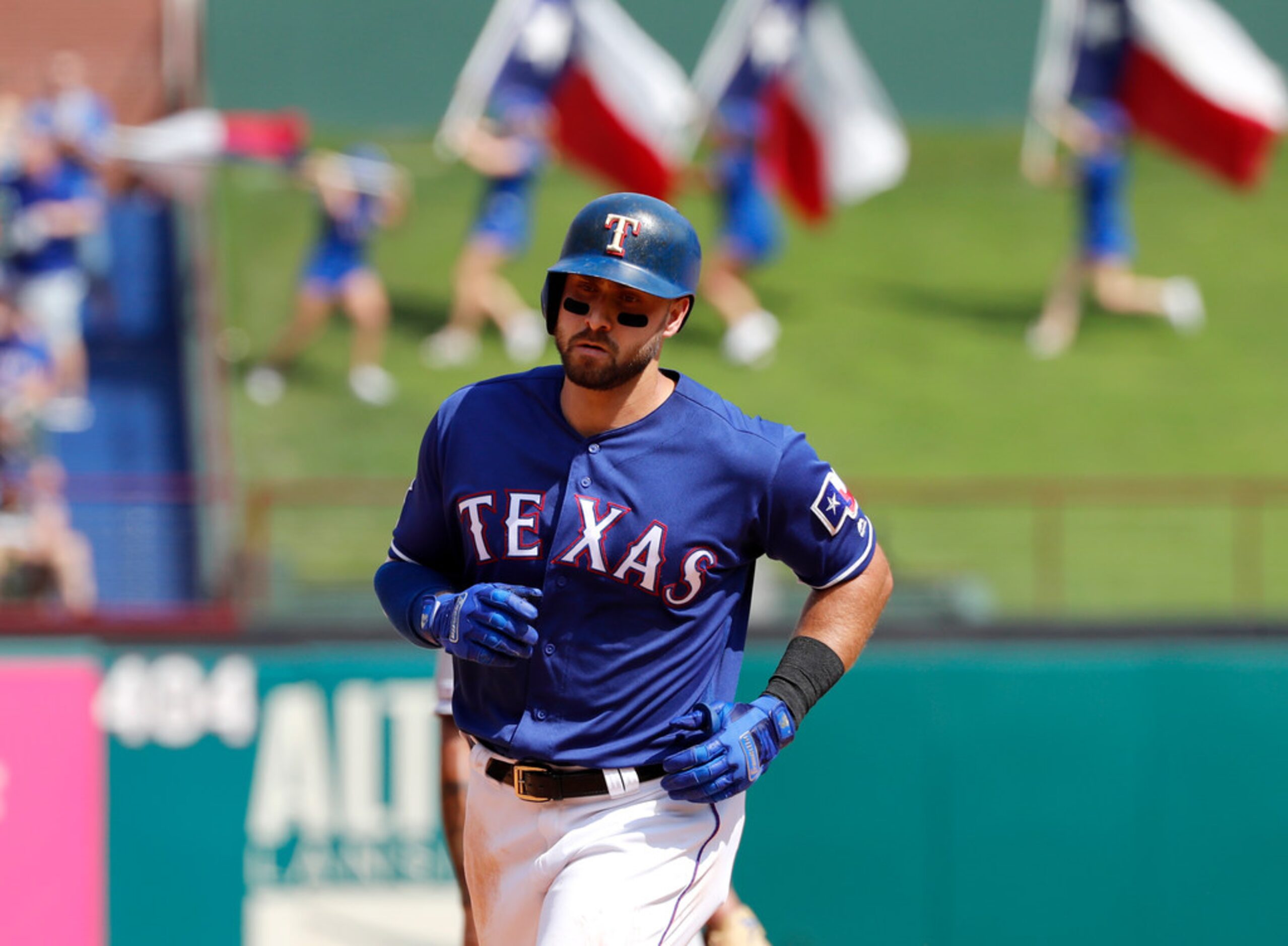 Texas Rangers' Joey Gallo rounds the bases after hitting a two-run home run off of Kansas...