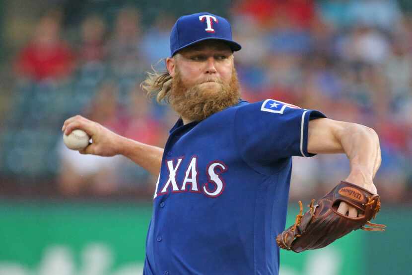Texas Rangers starting pitcher Andrew Cashner (54) is pictured during the Seattle Mariners...