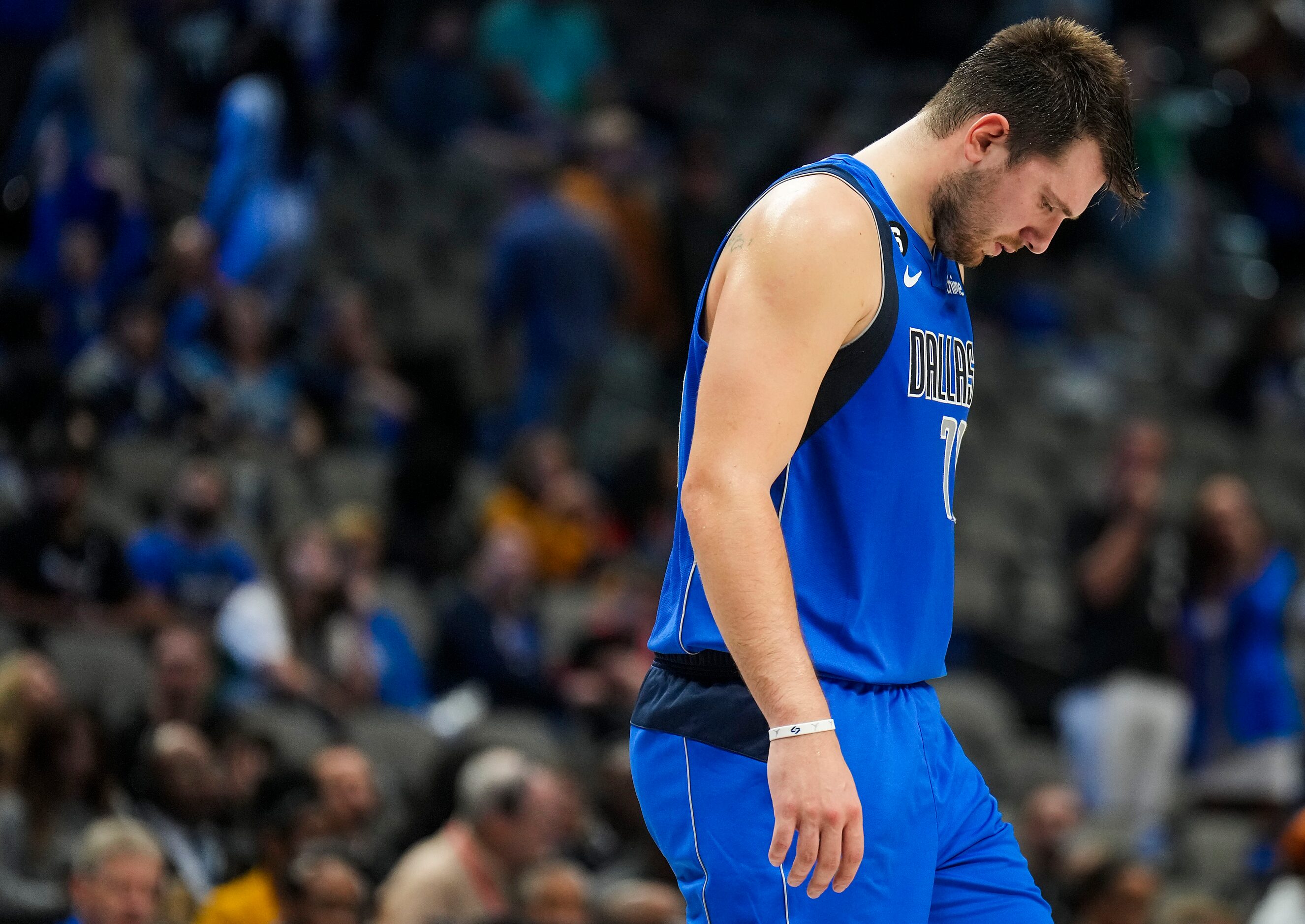 Dallas Mavericks guard Luka Doncic reacts after a an Oklahoma City Thunder basket during...