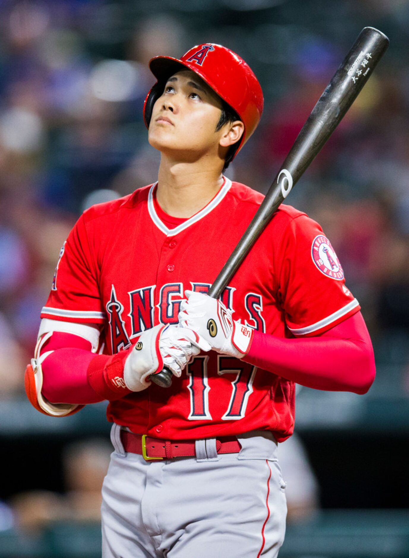 Los Angeles Angels designated hitter Shohei Ohtani (17) bats during the seventh inning of an...