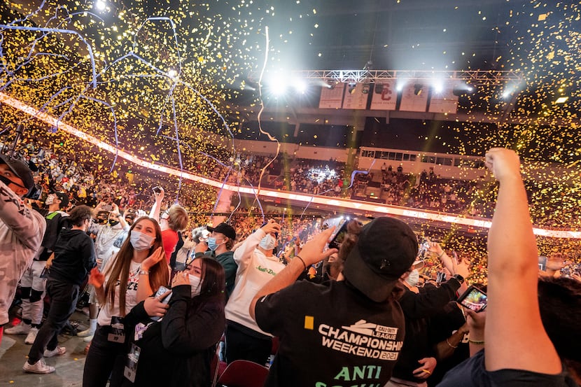 Atlanta FaZe fans celebrate their team's victory during Call of Duty league championship at...