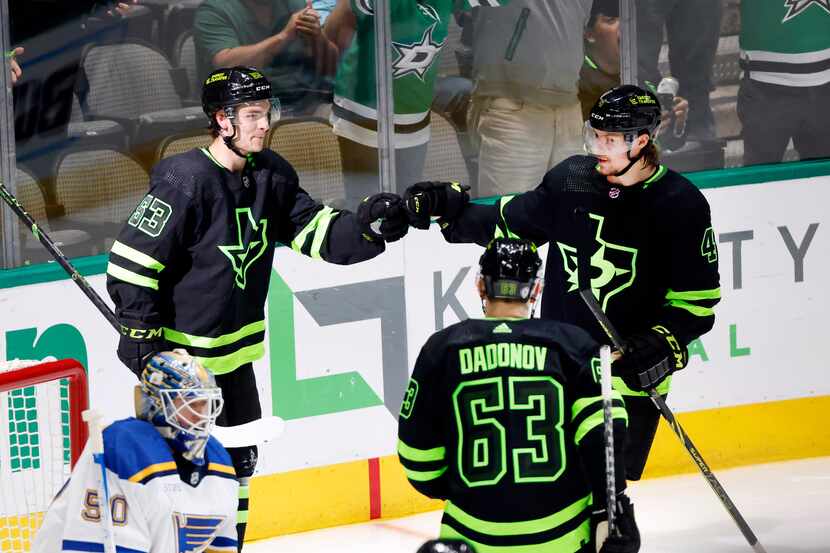 Dallas Stars center Wyatt Johnston (53) is congratulated on his third period goal by...