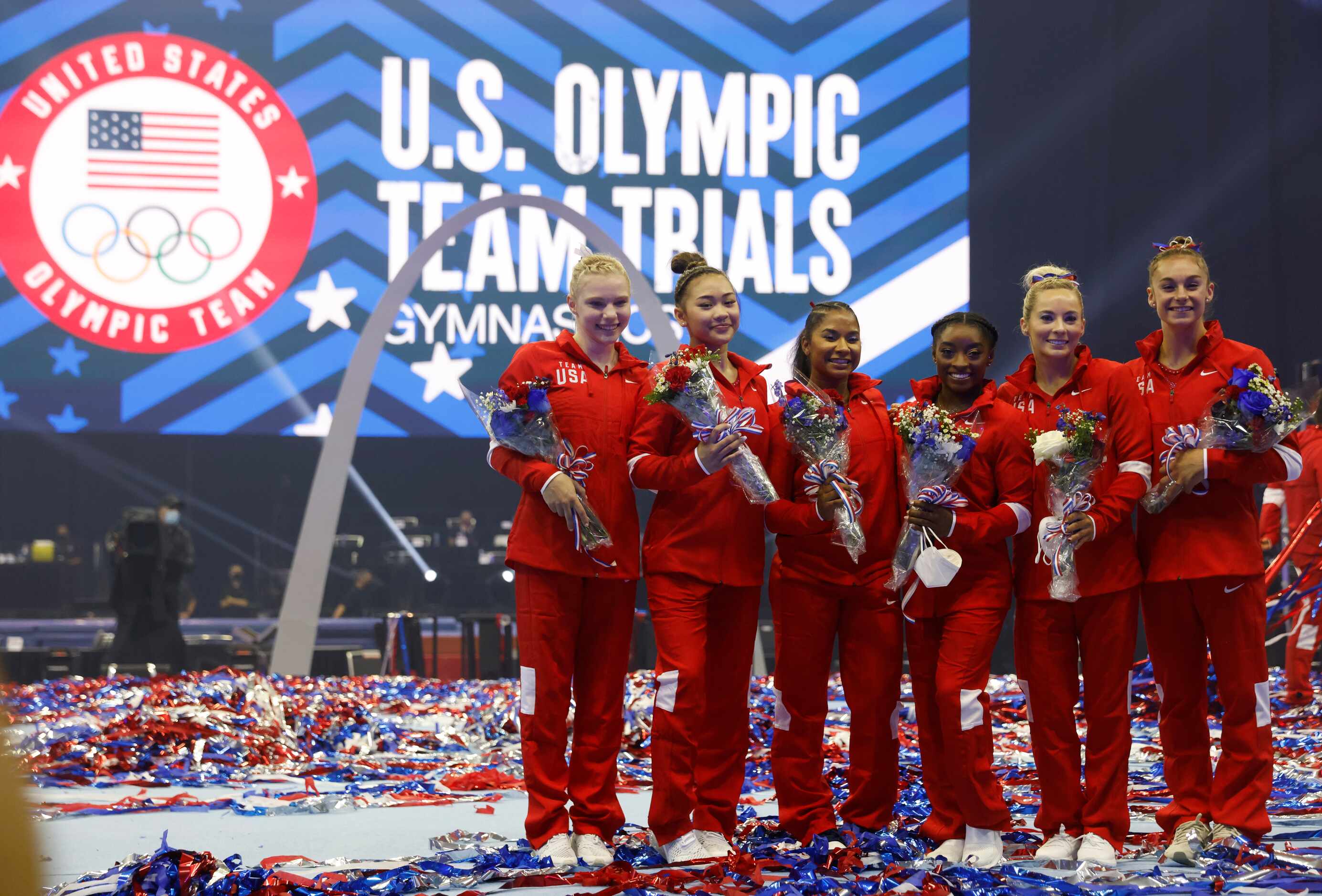 Women's U.S. Olympic gymnastics team Jade Carey, Sunisa Lee, Jordan Chiles, Simone Biles,...