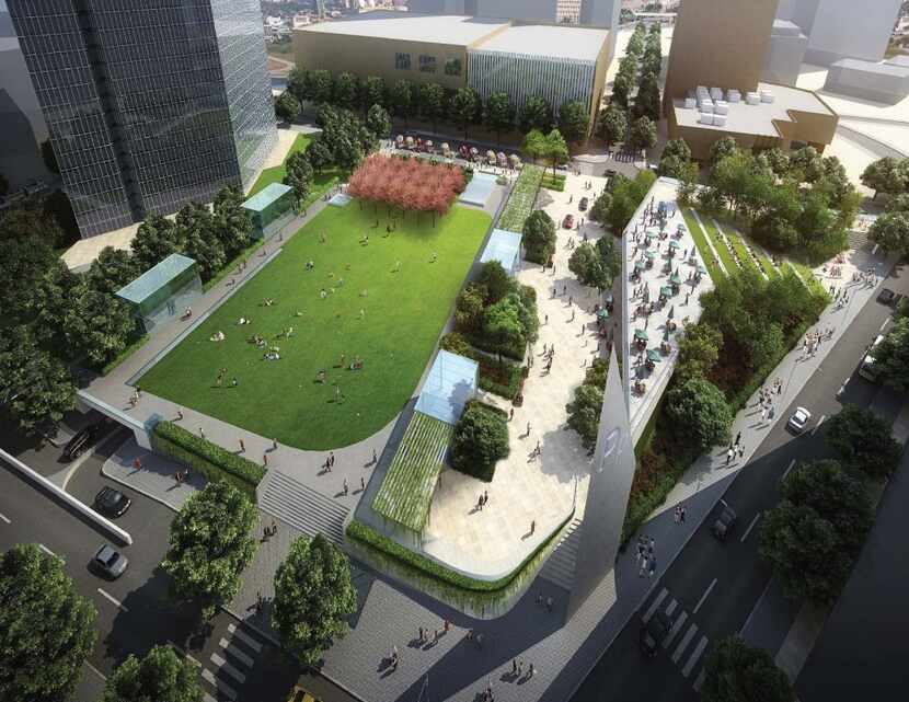 A rendering shows 4P Partners' plan for a parking garage topped by a park at Pacific Plaza...
