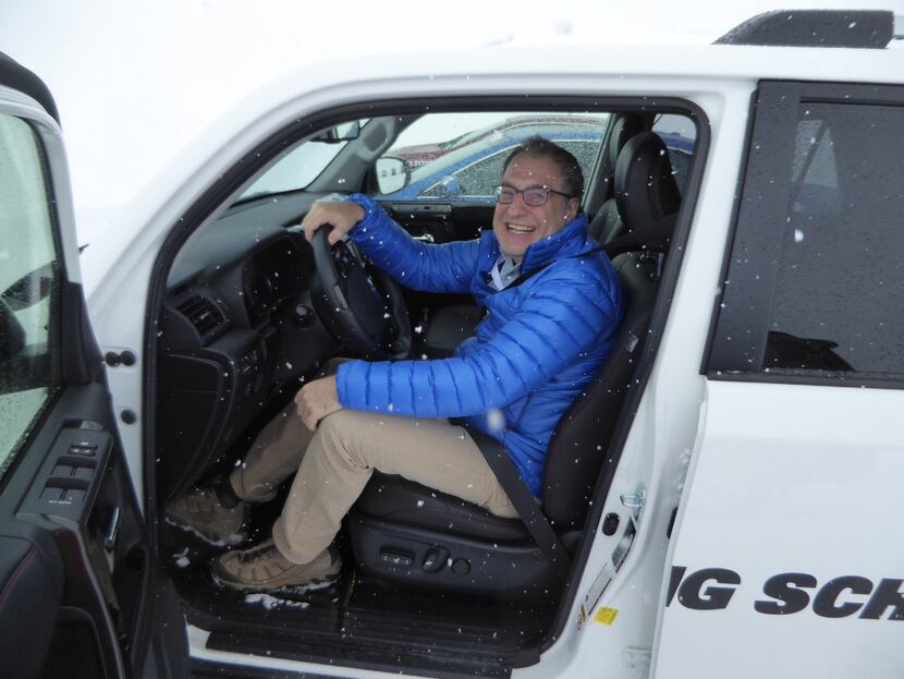 The author Larry Bleiberg at the Bridgestone Winter Driving School in Steamboat Springs, Colo.
