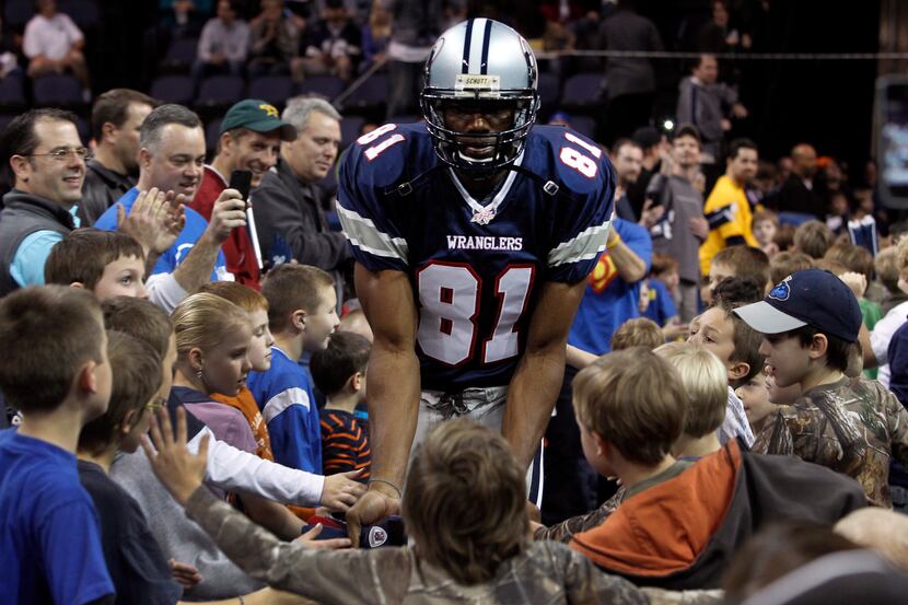 Terrell Owens is introduced prior to the start of the Allen Wranglers' Indoor Football...