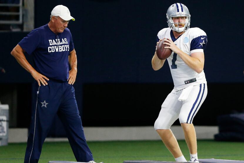 Dallas Cowboys quarterback Cooper Rush (7) works on his footwork with Dallas Cowboys...