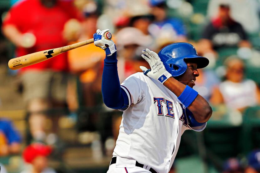 Texas Rangers second baseman Jurickson Profar bats during Texas' 5-1 loss to the Oakland...