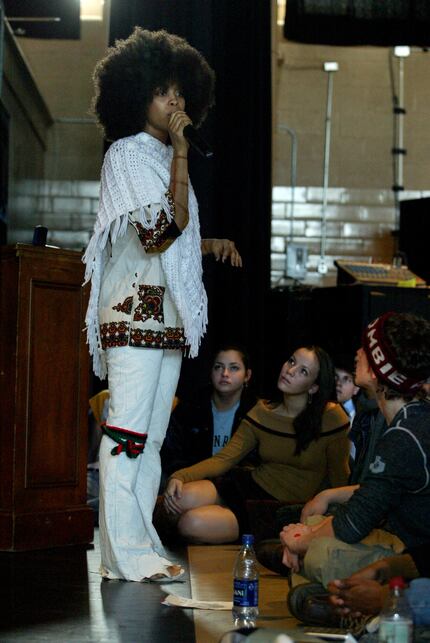 Erykah Badu speaks to music and dance students at Booker T. Washington High School for the...
