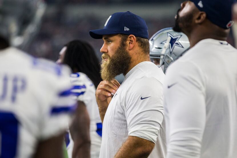 Dallas Cowboys center Travis Frederick (72) stands on the sideline during the first quarter...