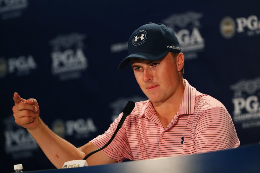 SPRINGFIELD, NJ - JULY 26:  Jordan Spieth of the United States is interviewed during a press...