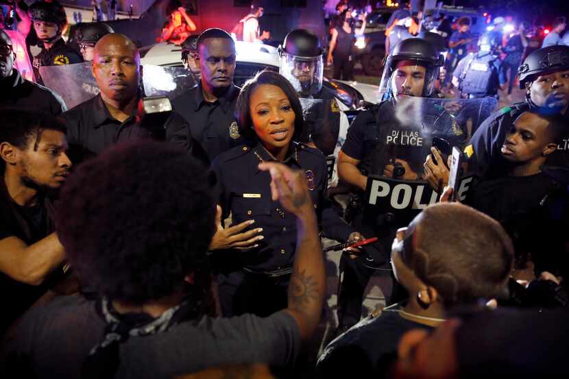 Dallas Police Chief U. Reneé Hall confronted protesters at Young Street and South Griffin...