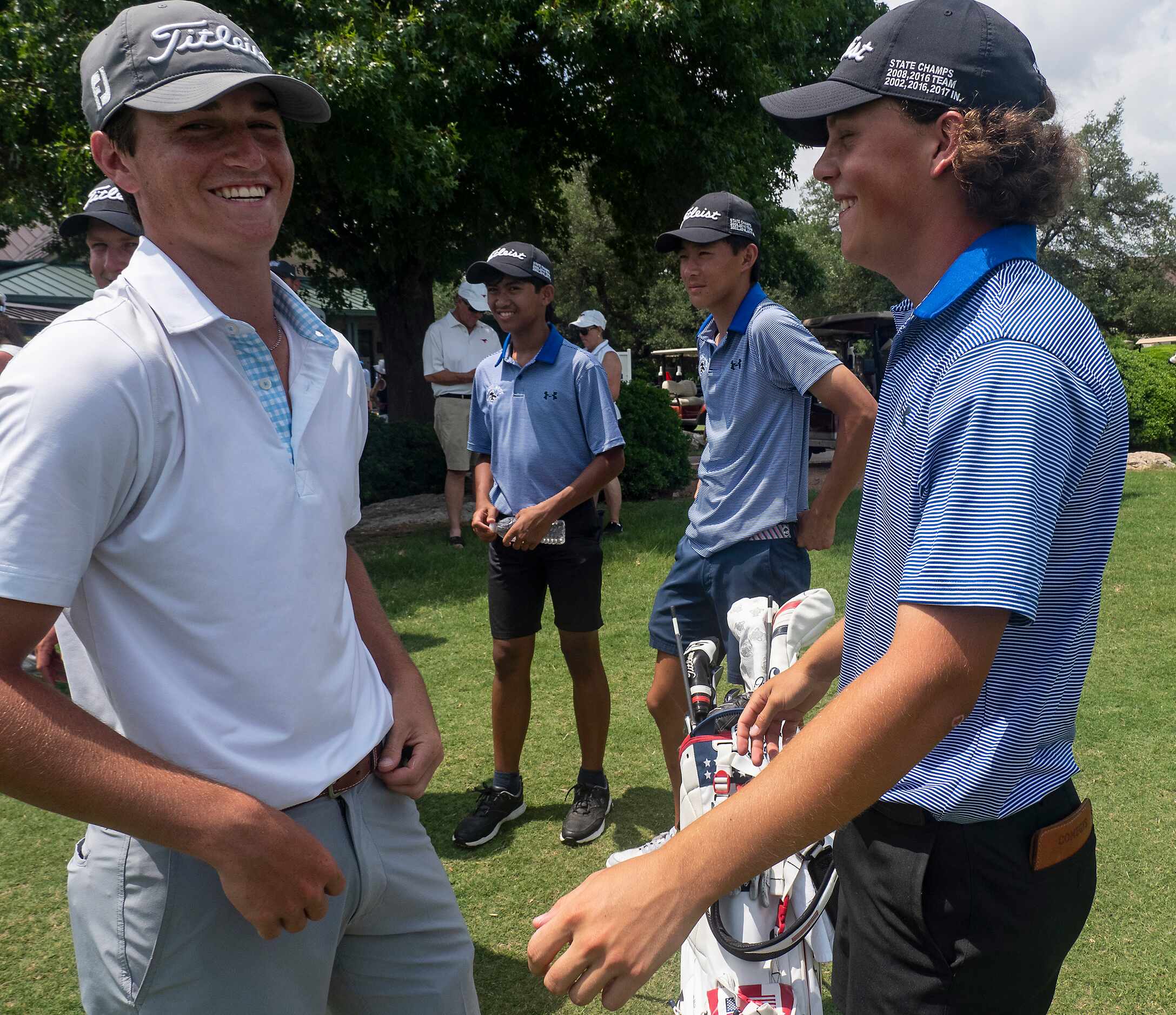 Plano West Matt Comegys, right, and Richardson Pearce, Preston Stout, joke around after...