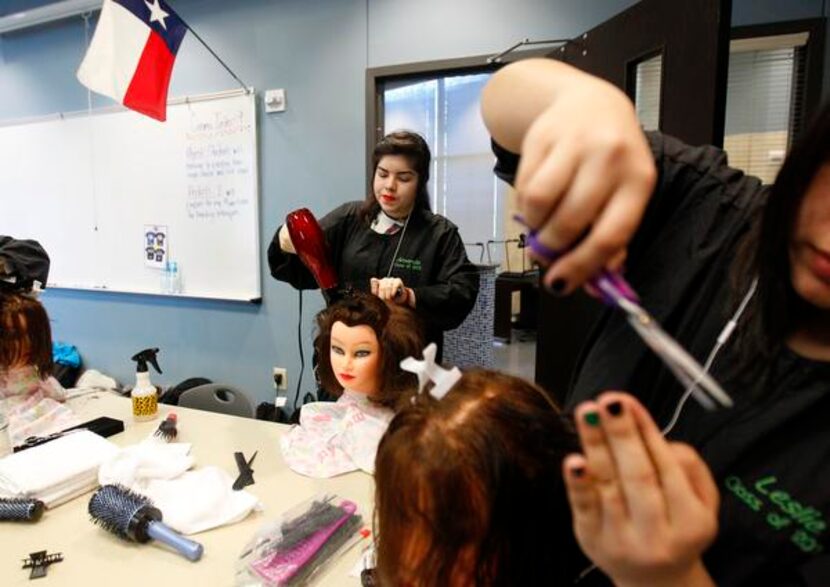 
Amanda Rivas, a cosmetology student at Dubiski Career High School in Grand Prairie ISD,...