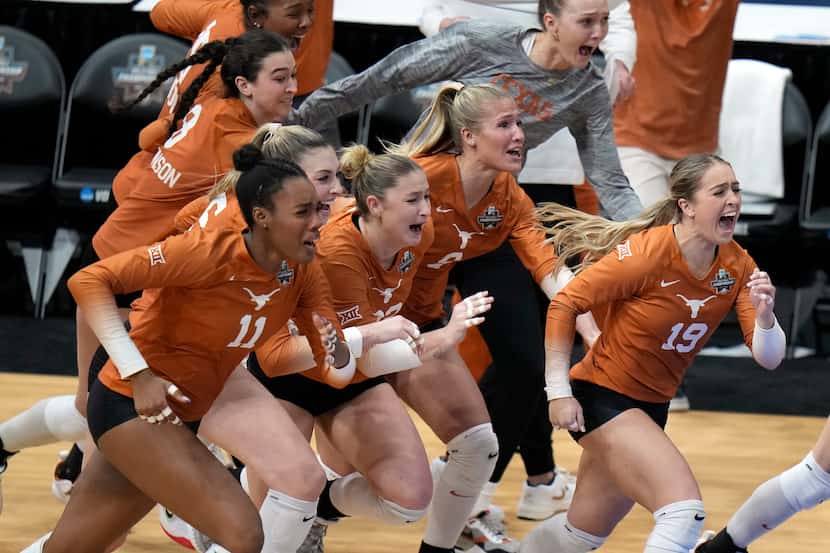 Texas players storm the court after winning the NCAA Division I women's college volleyball...