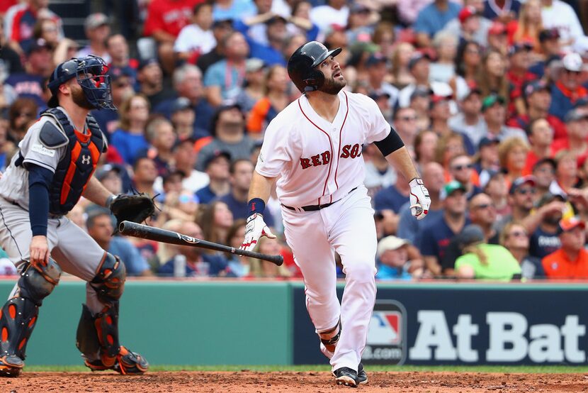 BOSTON, MA - OCTOBER 08:  Mitch Moreland #18 of the Boston Red Sox hits a double in the...