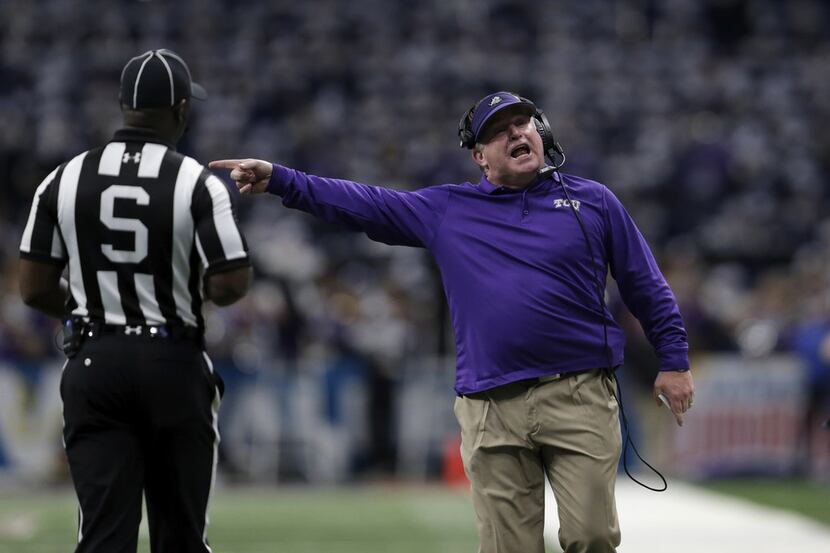 SAN ANTONIO, TX - DECEMBER 28:  Head coach Gary Patterson of the TCU Horned Frogs reacts to...