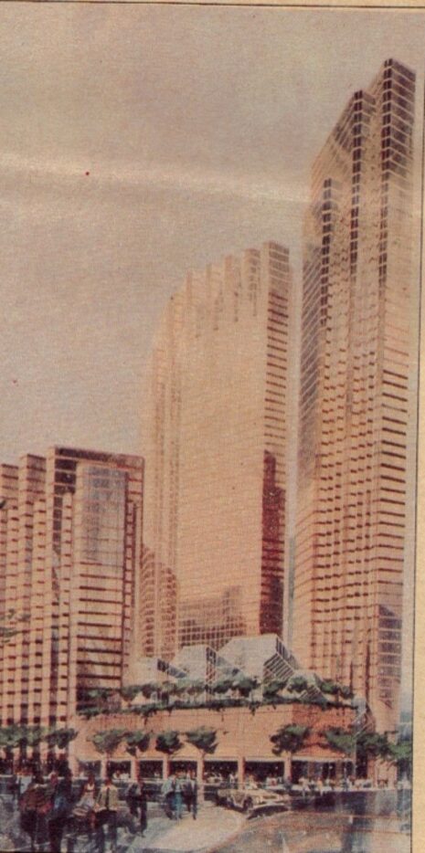 An early design for the Fountain Place block shows granite towers and a glass-roofed garden...