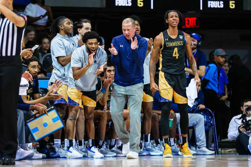 Texas A&M Commerce coach Jaret von Rosenberg claps during a game.