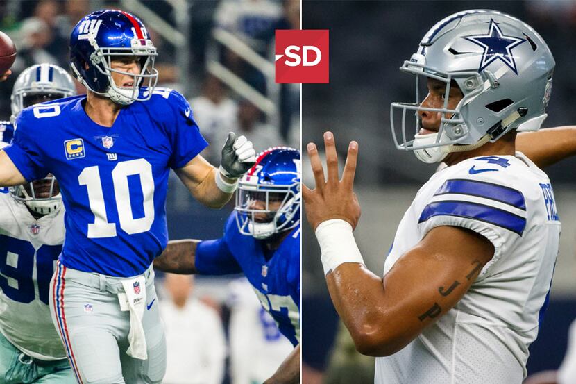 Giants quarterback Eli Manning (left) and Cowboys quarterback Dak Prescott have more in...