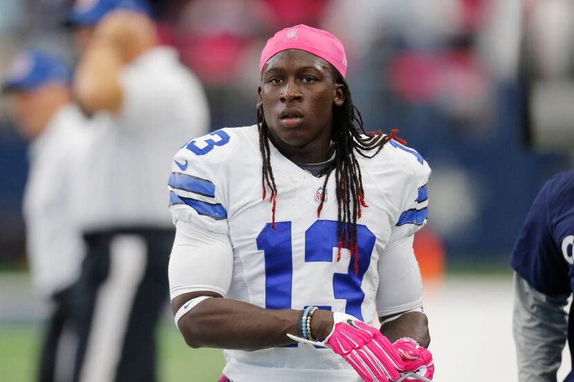 FILE - In this Oct. 11, 2015, file photo, Dallas Cowboys' Lucky Whitehead (13) prepares...